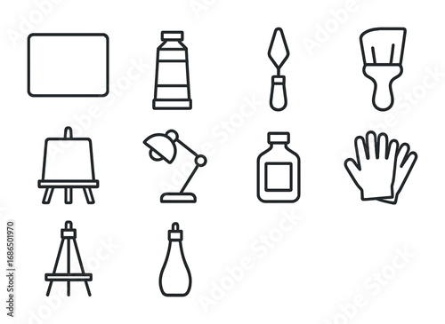 Oil Painting Icons Grid. Outline icon set of oil painting session: canvas, paint tube, palette knife, thick