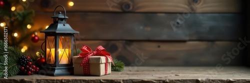 Rustic Christmas gifts & vintage lantern on wood, wooden background, christmas craft