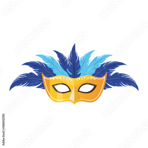 A golden mask with blue feathers, symbolizing celebration and joy.