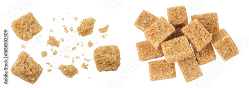 brown sugar cubes isolated on white background. Top view, flat lay
