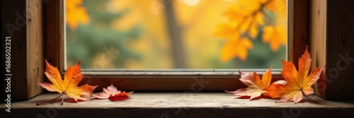 Rustic wooden window sill, autumn leaves, empty space, october, warm, space