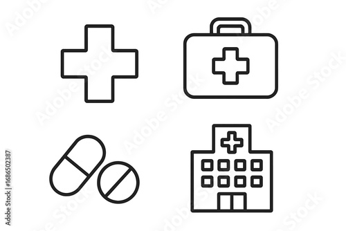 Medical cross, first aid suitcase, pills, hospital building, treatment icons collection, editable stroke vector symbols, healthcare, medicine, emergency, pharmacy, infographic elements, cartoon style