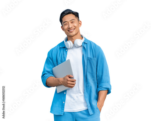  a handsome young asian man smiling, holding a laptop and wearing headphones