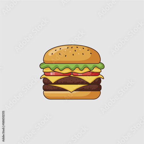 An illustration of a double cheeseburger with lettuce, tomato, and sesame seed bun on a light gray background.