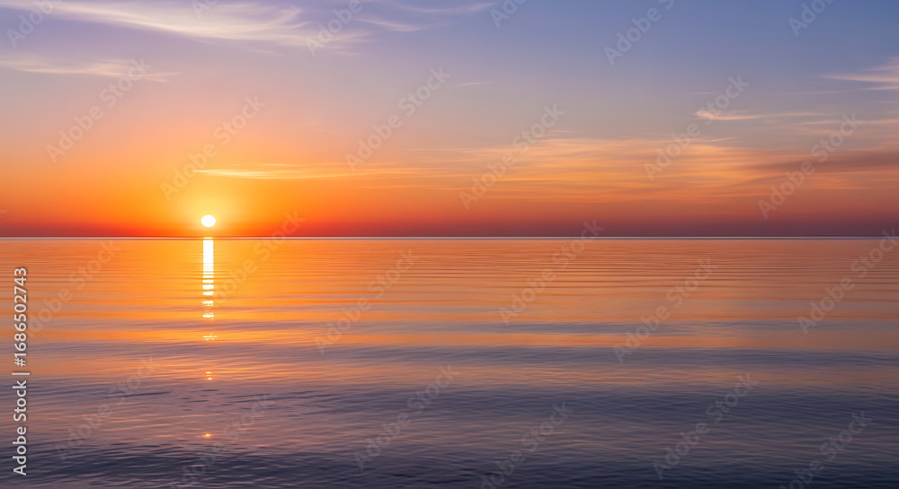 Fototapeta premium Vibrant sunset over the calm ocean with orange and purple hues