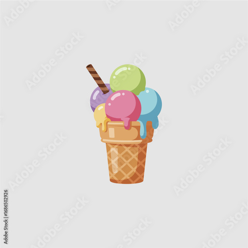 Colorful ice cream scoops in a waffle cone, drizzled with melted ice cream, topped with a wafer stick.