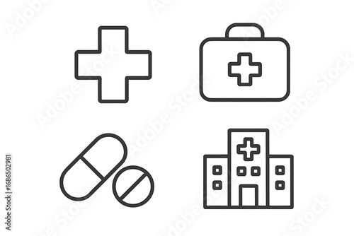 Medical cross icon, first aid suitcase, pills and hospital building line icon set, editable stroke vector collection for healthcare, treatment, medical infographics, articles, flyers, banners