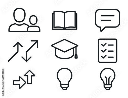 Coaching Icons Grid. Outline icon set of coaching and mentoring: teacher figure, student figure, book, chat