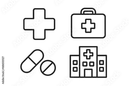 Medical cross icons collection with suitcase, pills, hospital, treatment symbols, editable stroke line art vector for healthcare infographics, medical articles, flyers, banners