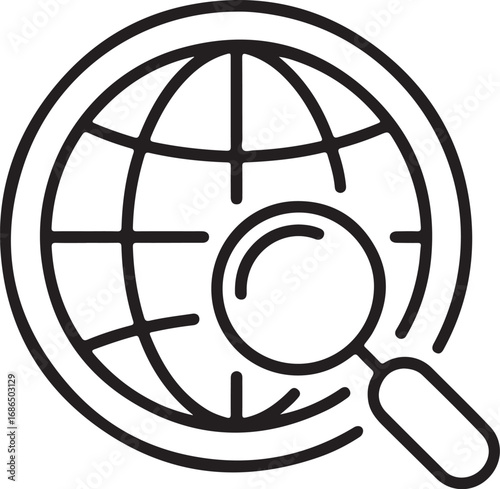 Global search icon with a magnifying glass over the planet earth