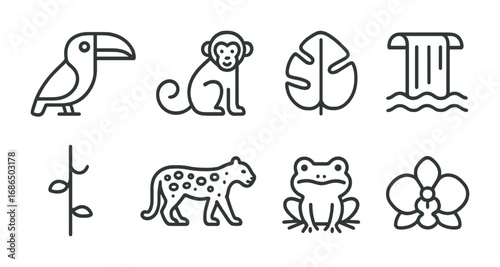 Rainforest Icons Grid. Outline icon set of rainforest references: toucan, monkey, big leaf, waterfall, vine,