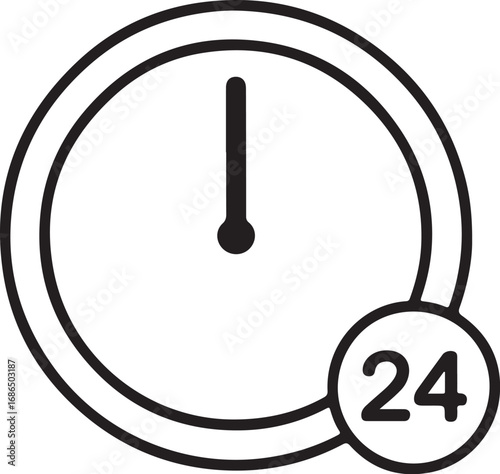 Simple outline icon of a clock showing twelve oclock with a 24 hour indicator