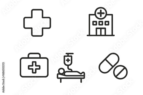 Medical cross, hospital building, first aid kit, patient treatment with IV drip, and pills icons collection, simple editable stroke vector set for healthcare infographics, articles, flyers, banners