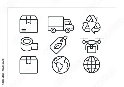 Sustainable Shipping Icons. Outline icon set of sustainable shipping: cardboard box, delivery truck, recycling