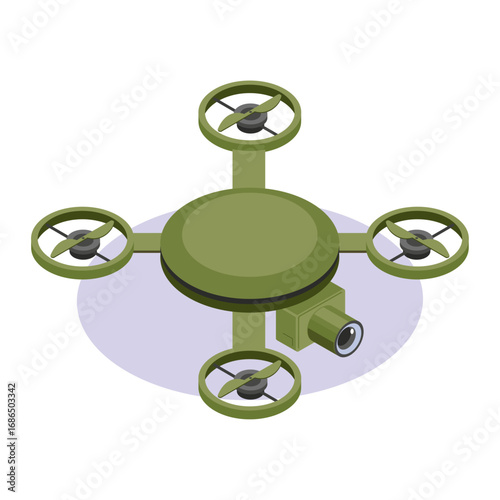 Military reconnaissance drone with four propellers and a surveillance camera for covert operations
