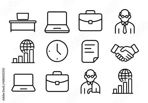 Senior Workforce Icons. Outline icon set of global senior workforce: office desk, laptop, briefcase, elderly