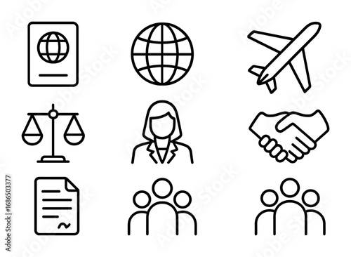 Immigration Legal Icons. Outline icon set of immigration legal aid: passport, globe, airplane, scales, lawyer,
