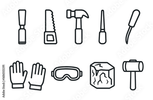 Ice Carving Tool Icons. Outline icon set of ice carving tools: chisel, saw, hammer, ice pick, gloves, goggles,