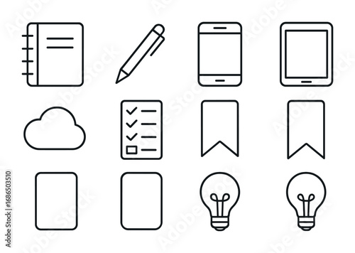 Note-Taking Icons Grid. Outline icon set of note-taking apps: notebook, pen, smartphone, tablet, cloud,