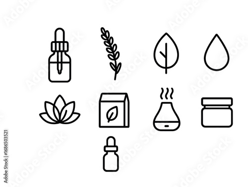 Essential Oil Icon Set. Outline icon set of essential oil packaging: dropper bottle, lavender sprig, leaf,