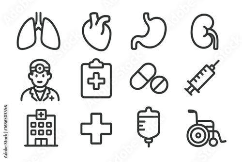 Minimalistic Linear Hospital Medical Icons Set with Organs, Doctor, Pills, Syringe, Clinic for Healthcare Design, Cards, Apps, Websites, Medical Illustrations