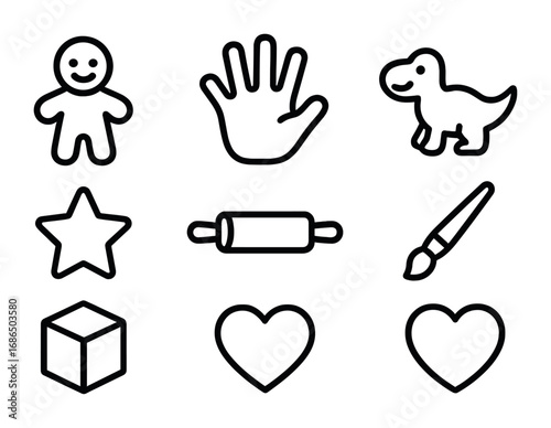 Kids Clay Craft Icons. Outline icon set of kids clay crafts: small figurine, handprint, toy animal, clay star,