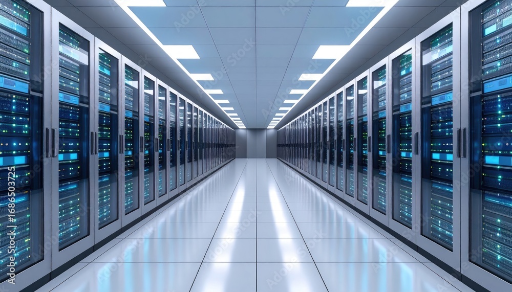 Obraz premium Futuristic Data Center Corridor with Cool LED Lighting