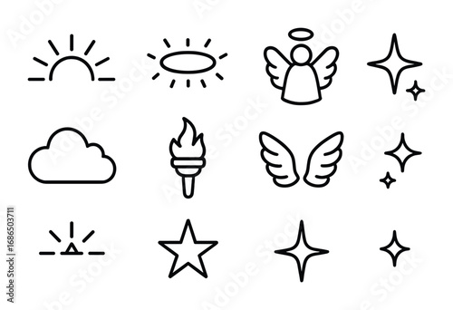 Celestial Icon Set. Outline icon set of celestial light: sun rays, halo, angel, star, cloud, torch, wings,