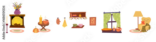 Cozy autumn interior. Hygge cozy furniture for thanksgiving design. Cottagecore autumn design