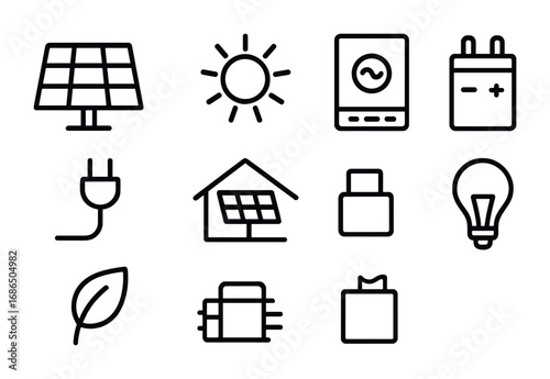 Solar Energy Icons. Outline icon set of solar energy systems: solar panel, sun, inverter, battery, plug, house
