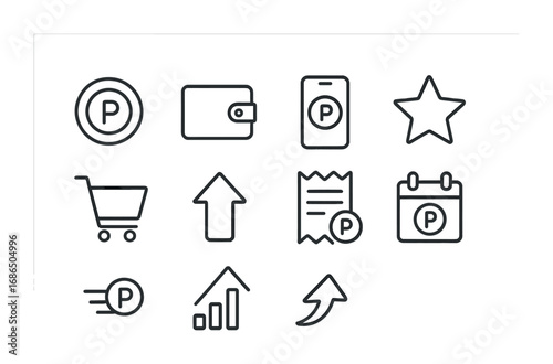Reward Points Icons. Outline icon set of reward points system: points coin, wallet, smartphone app, star,