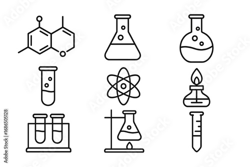 Chemistry line icons set with editable strokes for design, websites, apps, cards, featuring chemical compounds, laboratory flasks, atom symbols, test tubes, and Bunsen burner vector collection