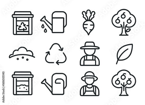 Organic Farming Icons. Outline icon set of organic farming cycles: compost bin, watering can, vegetable, fruit