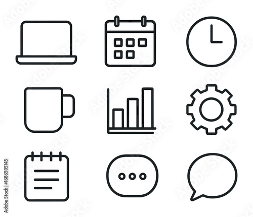 Productivity Icons Collection. Outline icon set of office productivity sessions: laptop, calendar, clock,