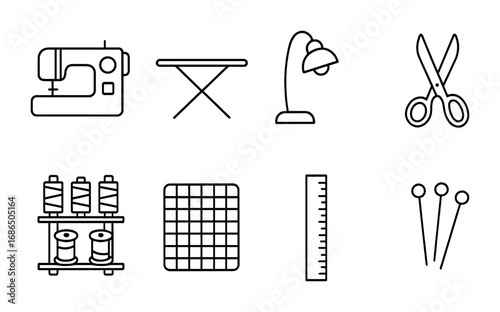 Sewing Room Icons. Outline icon set of sewing room essentials: sewing machine, ironing board, lamp, scissors,