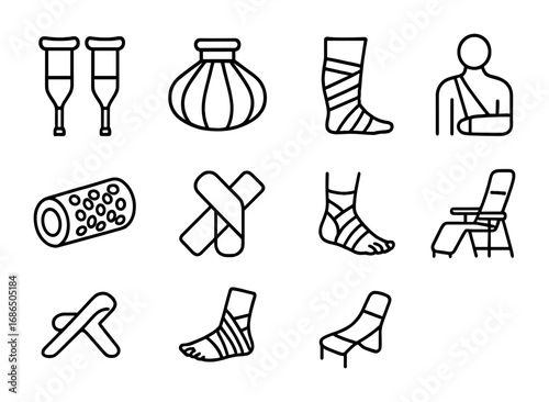 Sports Recovery Icons. Outline icon set of sports injury recovery: crutches, ice pack, bandaged leg, shoulder