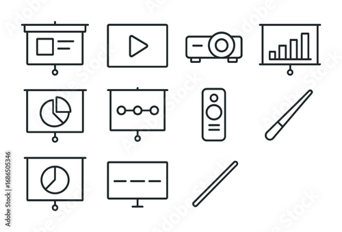 Multimedia Icon Grid. Outline icon set of multimedia presentations: slide deck, play button, projector, bar