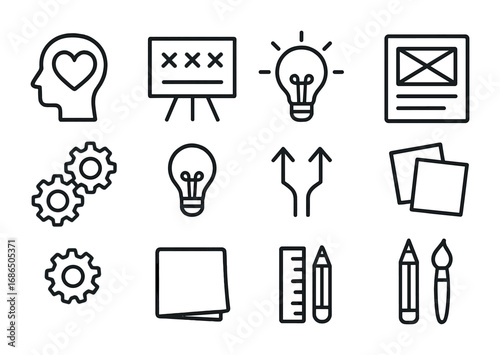 Design Thinking Icons. Outline icon set of design thinking: empathy icon, define board, brainstorm bulb,