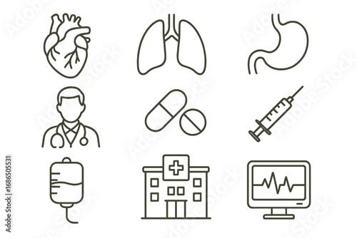Simple Linear Medical and Hospital Icons Set, Including Heart, Lungs, Stomach, Doctor, Pills, Syringe, IV Bag, Clinic Building, and Heart Monitor for Healthcare Design, Apps, and Web