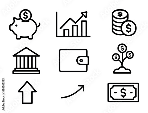 Investment Icon Set. Outline icon set of saving and investing: piggy bank, investment chart, coins, upward