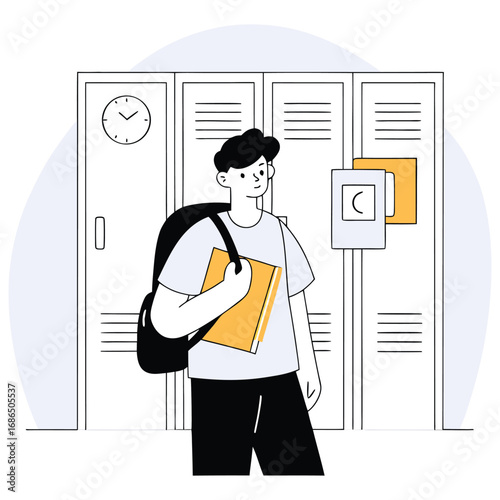 Student with Backpack and Books at School Lockers on White Background