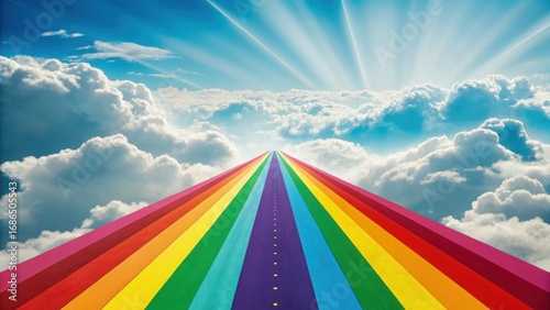 Vibrant rainbow path ascends through fluffy clouds towards bright heavenly light rays