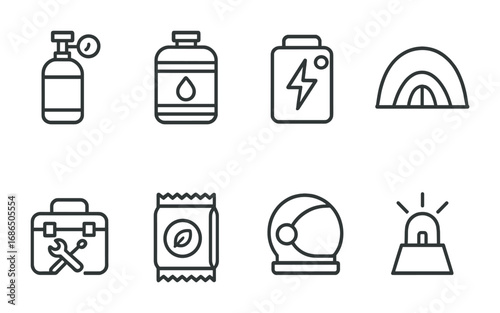 Mars Survival Icons. Outline icon set of survival essentials on Mars: oxygen cylinder, water tank, energy pack