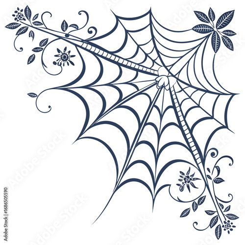 Elegant Halloween Spiderweb Corner Design with Floral Accents on White Background
