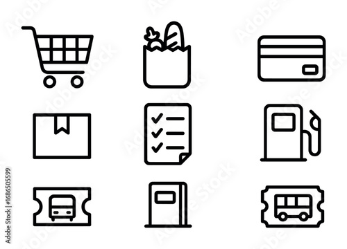 Errand Icons Grid. Outline icon set of running errands: shopping cart, grocery bag, receipt, credit card,
