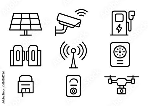 Smart City IoT Icons. Outline icon set of smart city IoT: solar panel, traffic camera, connected streetlight,