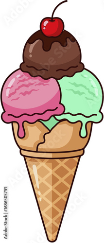 Cartoon illustration of a waffle cone filled with three scoops of ice cream and topped with a cherry.