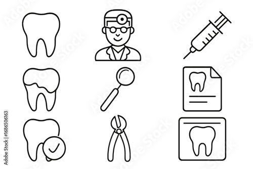 Dentist Related Outline Icon Set with Tooth, Dentist, Syringe, Prescription, Magnifier, and Dental Tools for Banners, Infographics, Medical Articles, and Healthcare Design Elements