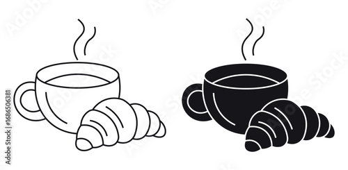 Coffee and croissant icon set, coffee cup steaming and delicious croissant in cafe design . Vector illustration .
