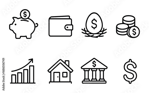 Retirement Savings Icons. Outline icon set of retirement savings: piggy bank, wallet, nest egg, coins, bar